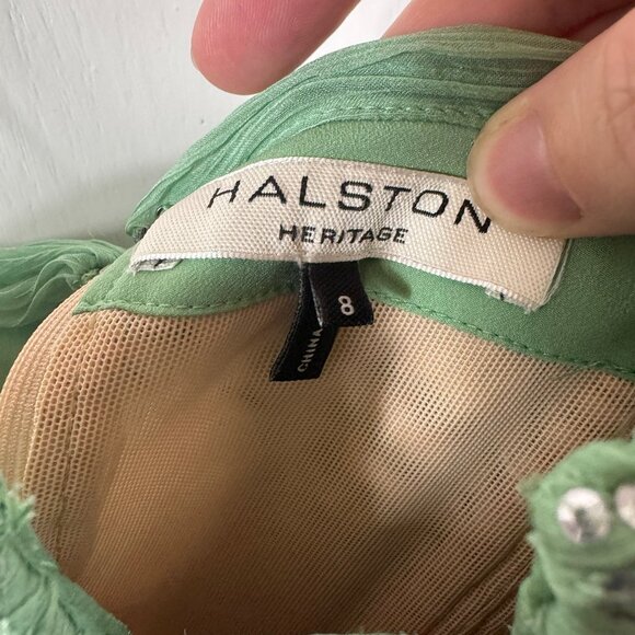 Halston Heritage Strapless Pleated Chiffon Dress Green Meadow | Size 8 | Sequin - Picture 9 of 11